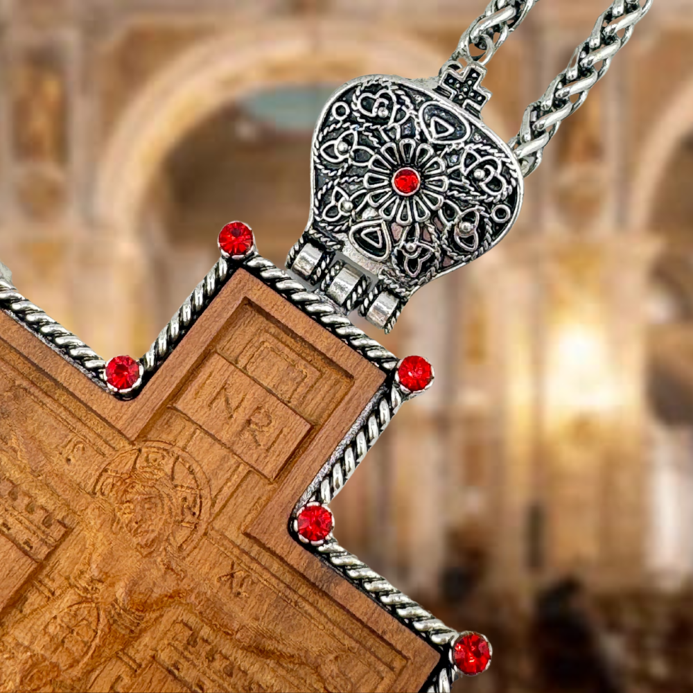 Wooden Pectoral Cross for Orthodox Priest in Silver-Plated Case With Antique Chain Wooden Pectoral Cross for Orthodox Priest in Silver-Plated Case With Antique Chain